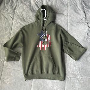 Green Gildan Unisex Blend Hoodie With Red White and Blue Bitcoin Logo